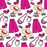 een patroon met gekleurde roze kostuums Aan een wit achtergrond. outfits, een hoed, schoenen, haar- clips en andere details van sieraden voor een meisje. het drukken Aan textiel en papier. verpakking vector