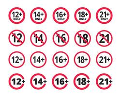 volwassenen inhoud enkel en alleen leeftijd beperking 12, 14, 16, 18, 21 plus jaren oud icoon tekens set. vector