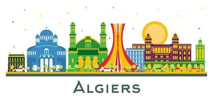 Algiers stad horizon met kleur gebouwen geïsoleerd Aan wit. Algiers stadsgezicht met oriëntatiepunten. vector