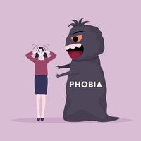 jonge vrouw is bang voor een groot fobiemonster