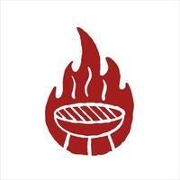 barbecue logo. gegrild vlees Aan brand. rood silhouet van koperslager vlam. gemakkelijk tekenfilm illustratie geïsoleerd Aan wit. vector