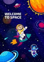 tekenfilm ruimte poster met kind astronaut Aan raket vector