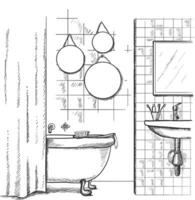 vector hand- tekening modern interieur schetsen. badkamer interieur.