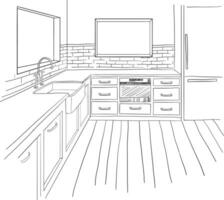 vector hand- tekening modern interieur schetsen. keuken meubilair