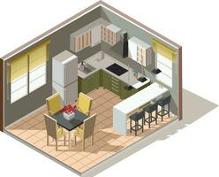 3d vector laag poly isomeer keuken icoon met keuken huishoudelijke apparaten en modern ontwerp meubilair.