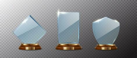 3d realistisch vector icoon set. kristal glas winnaar trofee met houten baseren. geïsoleerd Aan achtergrond.