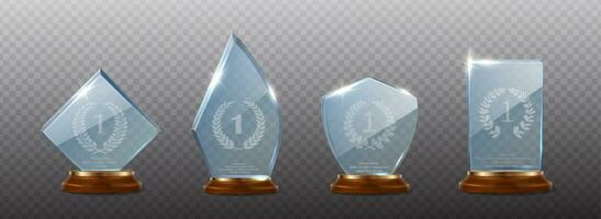 3d realistisch vector icoon set. kristal glas winnaar trofee met houten baseren met gouden kader. geïsoleerd Aan achtergrond.