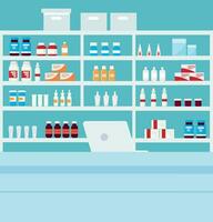 apotheek interieur met vitrines ontwerp vector illustratie