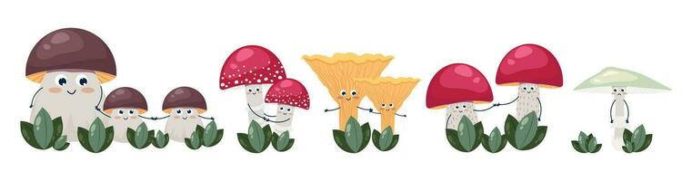 reeks grappig champignons met gezichten, kinderen tekenfilm tekens eetbaar en niet eetbaar paddestoelen, vector illustratie