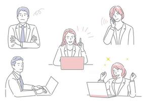 zakenman en zakenvrouw die in hun kantoor werken en verschillende emoties uitdrukken, geïsoleerd op een witte achtergrond set vector