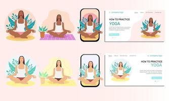 illustratie instellen. jonge vrouw die yoga doet. bestemmingspagina, illustratie van het concept van een gezonde levensstijl, fysieke oefeningen thuis en buitenshuis, yogalessen. vlakke stijl illustratie. vector