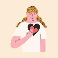 de concept van eigenliefde, oprechtheid, vriendelijkheid, oprechtheid. de vrouw zet haar hart binnen haarzelf. vector hand- getrokken illustratie