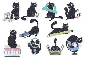 verzameling van katten met school- items in vlak stijl. de concept van dieren terugkeren naar school. vector