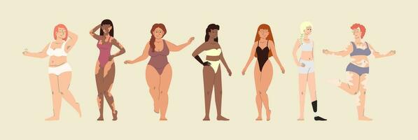 Dames gekleed in zwemkleding en lingerie vlak vector illustraties reeks