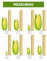 meten lengte met heerser. onderwijs ontwikkelen werkblad. spel voor kinderen.vector illustratie. praktijk lakens.maïs meting in centimeter. vector