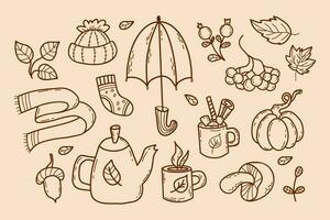 knus herfst krabbels. gebreid hoed en sjaal, sokken, paraplu, theepot met kopjes, Woud paddestoel, pompoen, bessen, eikel- en herfst bladeren. vector illustratie. geïsoleerd schets hand- tekening.