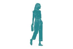 vectorillustratie van casual vrouw lopen op de zijweg met haar portemonnee, vlakke stijl met outline vector