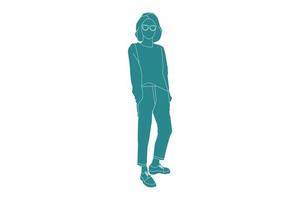 vectorillustratie van casual vrouw op de zijweg, vlakke stijl met outline vector