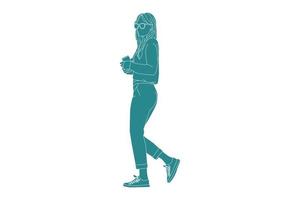 vectorillustratie van casual vrouw lopen op de zijweg, vlakke stijl met outline vector