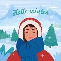 gelukkig meisje in de bergen in de winter. schattige vectorillustratie in vlakke stijl vector