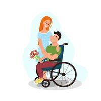mensen met een handicap. een jonge gehandicapte man geeft bloemen aan zijn vriendin. paar verliefd, vectorillustratie in vlakke stijl, cartoon vector