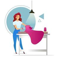 modeontwerper egale kleur vectorillustratie. atelier. vrouwelijke kleermaker. vrouw die kleding maakt. naaiatelier. meisje snijden stof. naaister. geïsoleerde stripfiguur op witte achtergrond vector