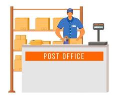 postkantoor mannelijke werknemer egale kleur vectorillustratie. man controleert en scant pakketten. postservice levering. pakketten inzamelpunt geïsoleerde stripfiguur op witte achtergrond vector