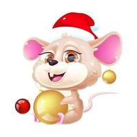 schattige muis kawaii stripfiguur vector. symbool van 2020. schattig en grappig dier in kerstmuts met kerstversiering geïsoleerde sticker, patch. anime baby rat emoji op witte achtergrond vector