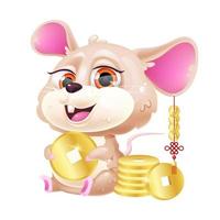 schattige muis kawaii stripfiguur vector. schattig en grappig dierenriemdier met gouden munten geïsoleerde sticker, patch. Chinees Nieuwjaar symbool van welvaart. anime baby rat emoji op witte achtergrond vector