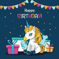 gelukkig verjaardag groet kaart met geschenk en schattig weinig eenhoorns vector illustratie pro downloaden