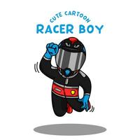 schattig tekenfilm renner jongen vervelend helm en racing pak vector illustratie.