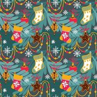 Kerstmis boom versierd met guirlande, ballen en Kerstmis sokken. naadloos patroon. vector. vector