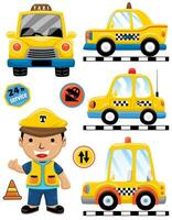 vector reeks van taxi tekenfilm met grappig bestuurder