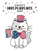 schattige kat 4 juli onafhankelijkheidsdag met oom sam hoed en Amerikaanse vlag, cartoon doodle platte vector illustratie kitten illustration