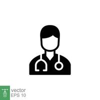 mannetje dokter icoon. gemakkelijk solide stijl. dokter met stethoscoop, Mens, dokter, gezondheidszorg, medisch concept. zwart silhouet, glyph symbool. vector illustratie geïsoleerd Aan wit achtergrond. eps 10.