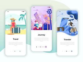 Set of onboarding screens user interface kit for Travel, Journey, Traveler, mobile app templates concept. Modern UX, UI screen for mobile or responsive web site. Vector illustration.