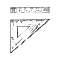 vector hand getekend school- en kantoor benodigdheden illustratie set. gedetailleerd retro stijl driehoekig en rechthoekig heerser schetsen. wijnoogst schetsen element. terug naar school. school- essentieel illustratie.