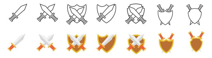 zwaard en schild icoon vector vlak ontwerp aanval oorlog verdediging