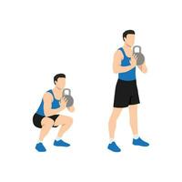 Mens aan het doen smashbel opleiding been hurken met kettlebell oefening. vlak vector illustratie geïsoleerd Aan wit achtergrond. training karakter reeks