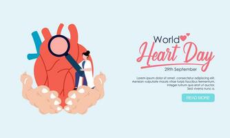 wereld hart dag poster campagne in tekenfilm karakter behandeling en Gezondheid zorg bewustzijn en vlak ontwerp Bij 29 september vector