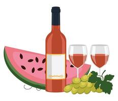 fles van oranje wijn, wijn in bril, watermeloen en druif. vector grafisch.