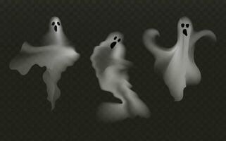 reeks van realistisch eng vliegend geesten.griezelig geesten en vampiers.eng fantomen banier vector.3d rook, mist op zoek geest Bij nacht.de hoofd symbolen van halloween. vector