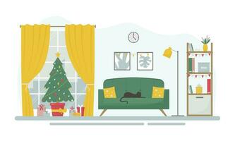 modern leven kamer versierd voor Kerstmis met Kerstmis boom, cadeaus en lichten. vector illustratie in vlak stijl.