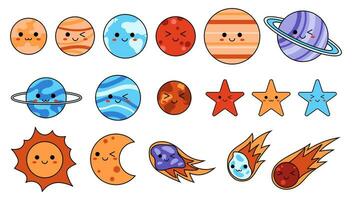 kawaii kosmisch elementen geïsoleerd Aan een wit achtergrond. schattig planeten, asteroïden, komeet, sterren, zon en maan. vector illustratie voor kinderen.