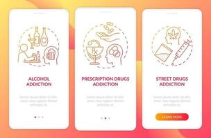 verslavingstypen onboarding paginascherm voor mobiele apps met concepten vector