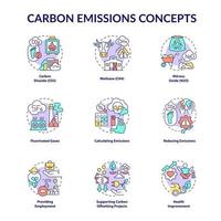 koolstofemissies concept pictogrammen instellen. klimaatverandering idee dunne lijn kleur illustraties. emissieberekening en -reductie. kooldioxide. vector geïsoleerde overzichtstekeningen. bewerkbare streek