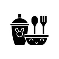 kinderen servies zwart glyph pictogram. borden gemaakt voor kinderen om comfortabel te eten. leren eten. rubberen plastic vorken en lepels. silhouet symbool op witte ruimte. vector geïsoleerde illustratie