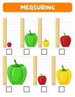 meten lengte met heerser. onderwijs ontwikkelen werkblad. spel voor kinderen.vector illustratie. praktijk lakens.peper meting in inches. vector