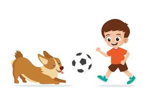 schattig weinig kind jongen Speel met huisdier hond vector illustratie