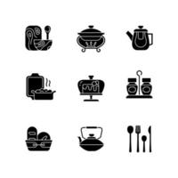 trendy servies zwarte glyph pictogrammen instellen op witruimte. speciaal ontworpen keukengerei. vorken, messen en lepels om te dineren. broodmand voor thuis. silhouet symbolen. vector geïsoleerde illustratie